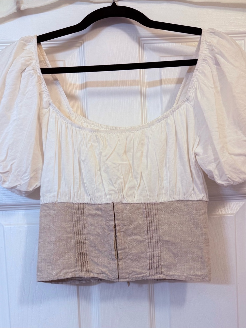 Reformation White and Beige Puff-Sleeve Crop Top-Size 4, 100% Linen